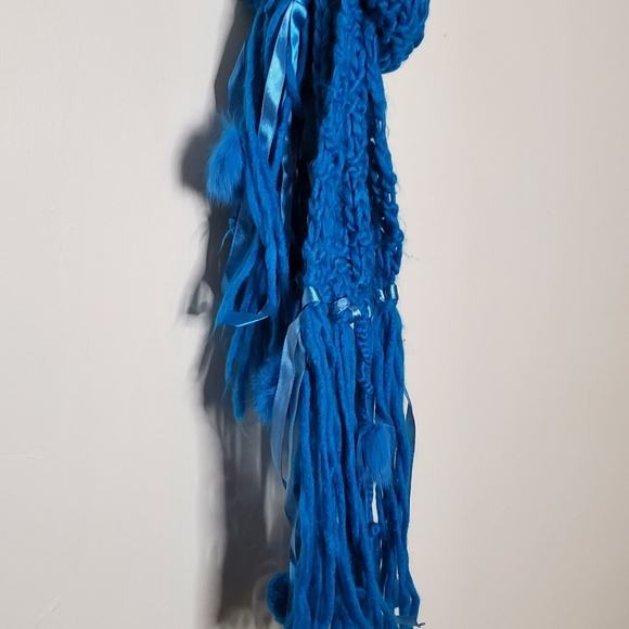 Cerulean Blue Blocked Knit Scarf with Ribbons and Angora Rabbit Hair Puffs - Picture 5 of 11
